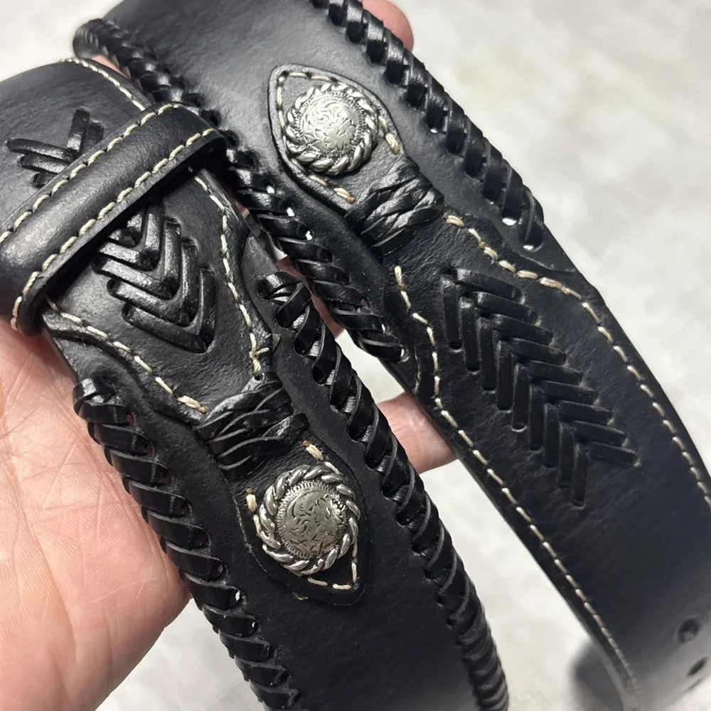 Vtg Nocona Leather Belt Mens 38 Blaxk Western Buckle  Stone Tooled Buckle